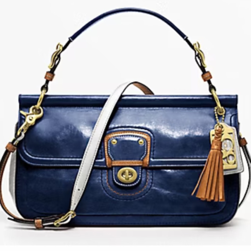 Coach Willis Navy Blue And White Leather Shoulder Bag
